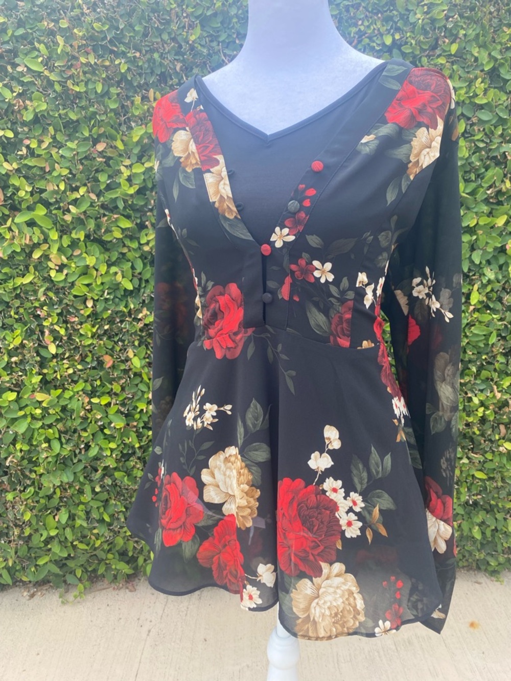 City Chic Black Floral Peplum Top with Red & Cream Blooms - Picture 2 of 7